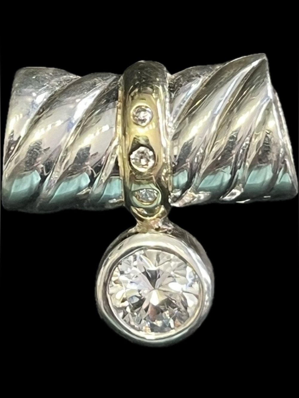 Suzanne Somers vintage two-tone gold silver bezel set CZ ribbed pendant slide
